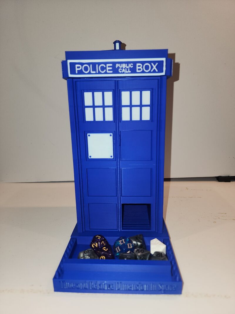 3D Printed Blue Police Call Box Dice Tower – Sci-Fi Inspired RPG Dice Roller