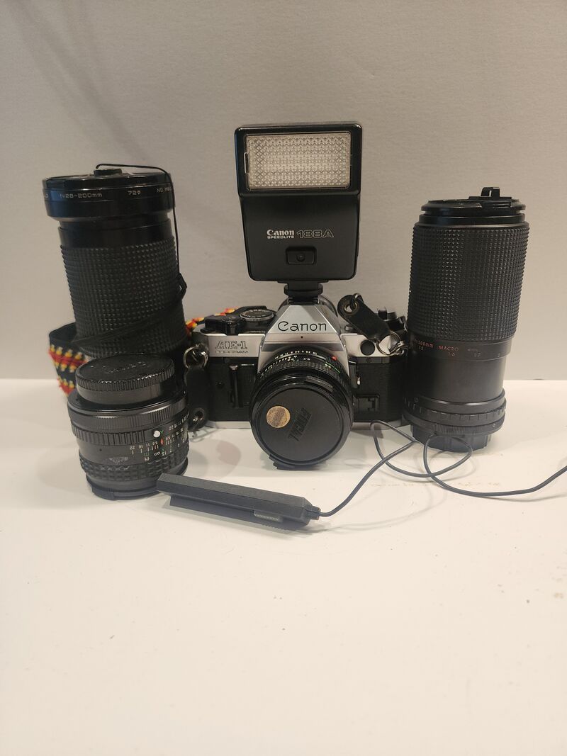 AE-1 Program 35mm SLR Film Camera Kit with Lenses Flash Bag Strap