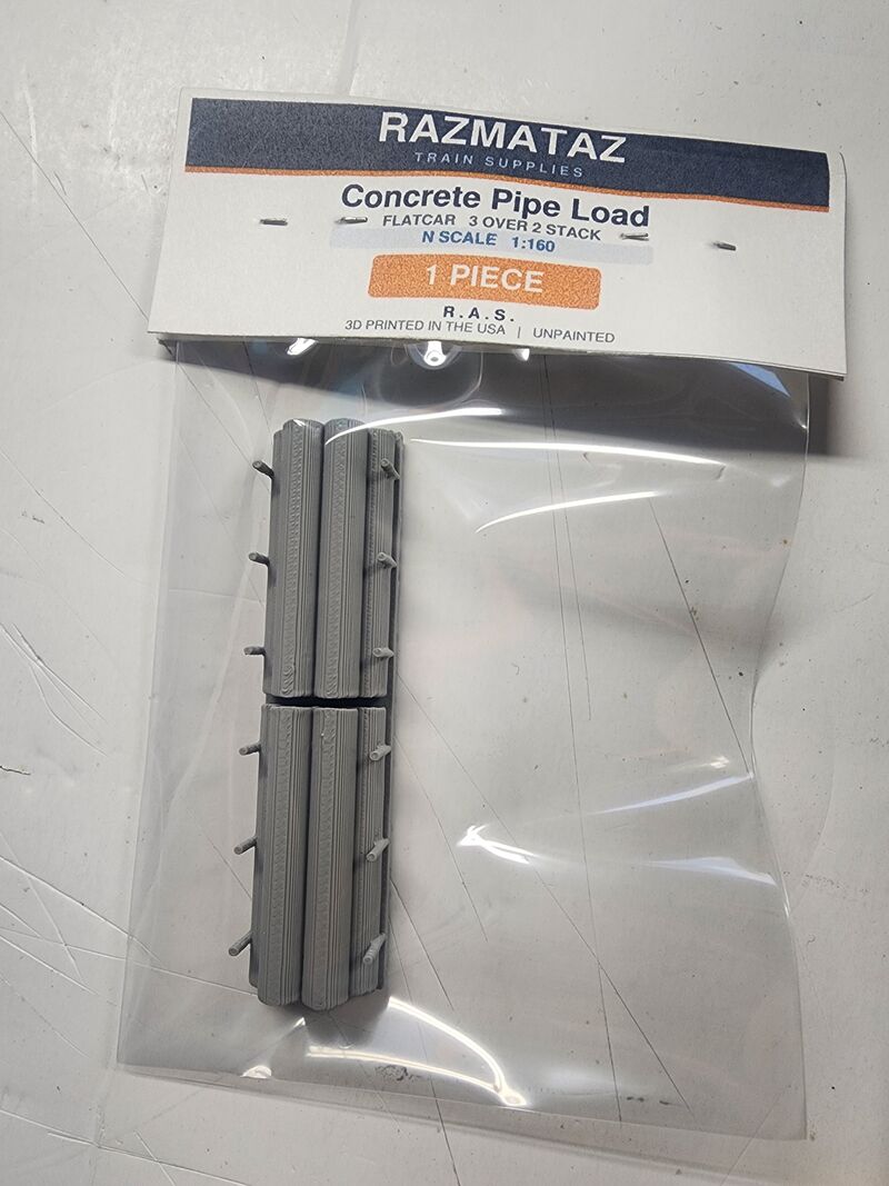 Concrete Pipe Load - N Scale 1:160 Flatcar 3-Over-2 Stack