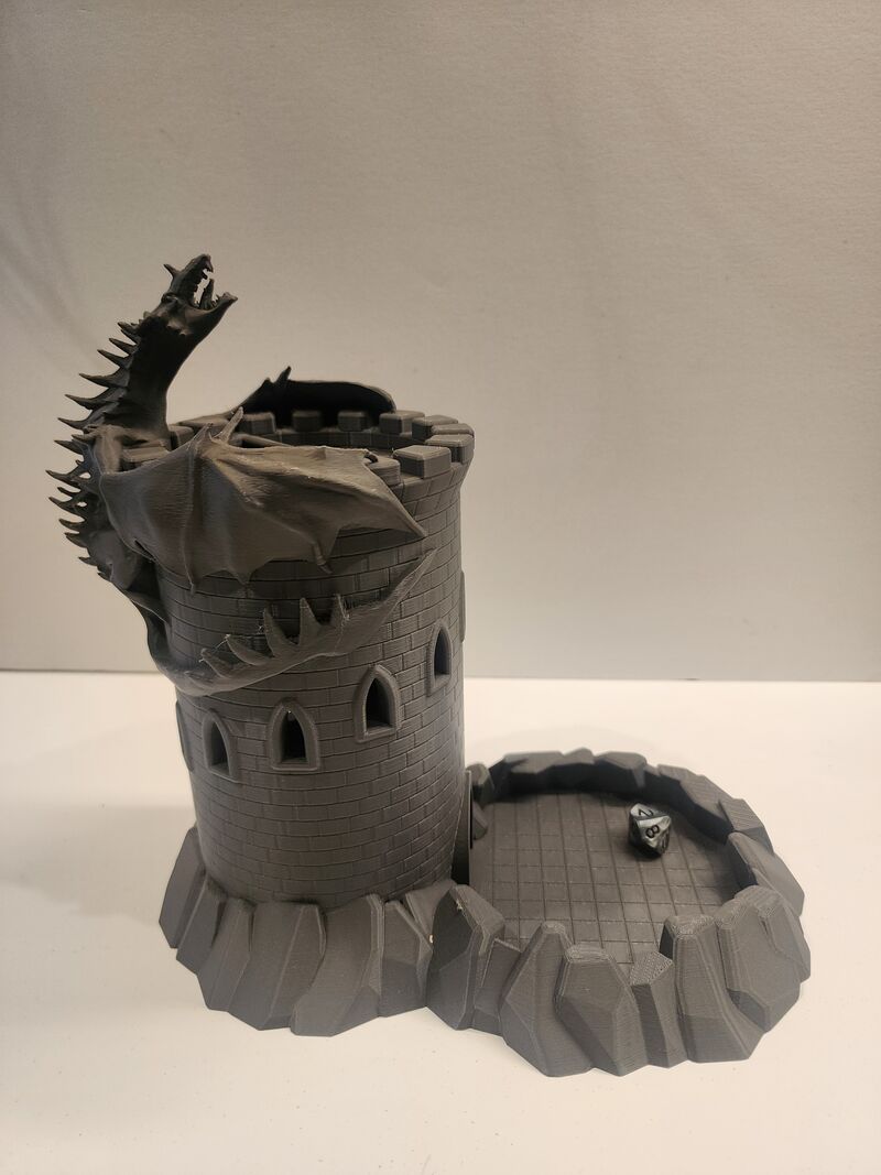 3D Printed Dragon Castle Dice Tower Tabletop Gaming Gray PLA 10in